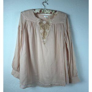 Pablo Women's Long Sleeve Embroidered Blouse Top Size 42 Floral Lace Cotton Pink